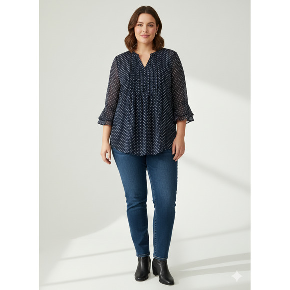 Charter Club Tops - Women's Blue Flowy pintuck Flowy Blouse Tunic Ruffle bell sleeves feminine - L